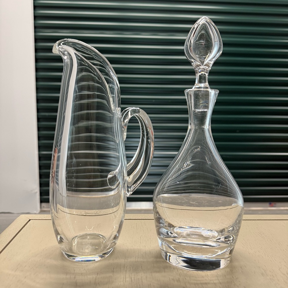Signed Steuben Martini Pitcher 10 in. and Teardrop Decanter 12 in. No Chips